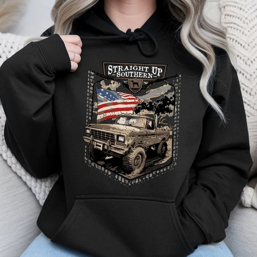 Off Road Truck Hoodie | Vintage American Flag Graphic | Premium Cotton Blend | Gift For Country Music And Outdoor Adventure Lovers