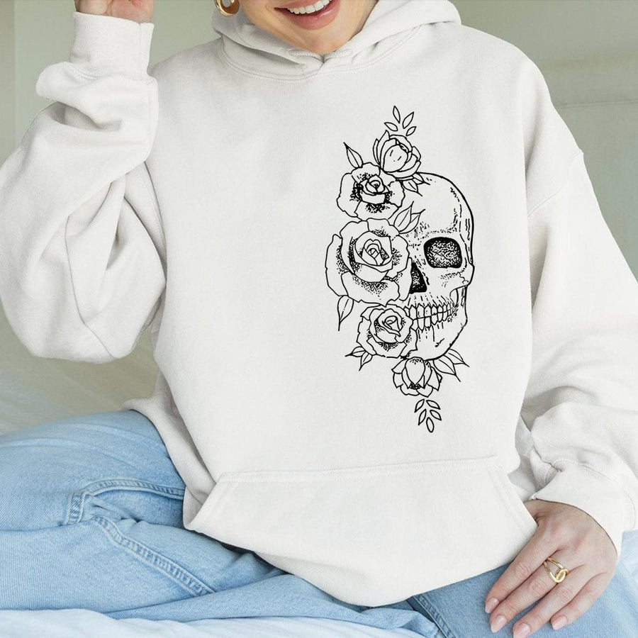 Skull and Roses Hoodie | Gothic Floral Graphic Sweatshirt | Premium Cotton Blend Pullover | Edgy Aesthetic Gift for Women and Men