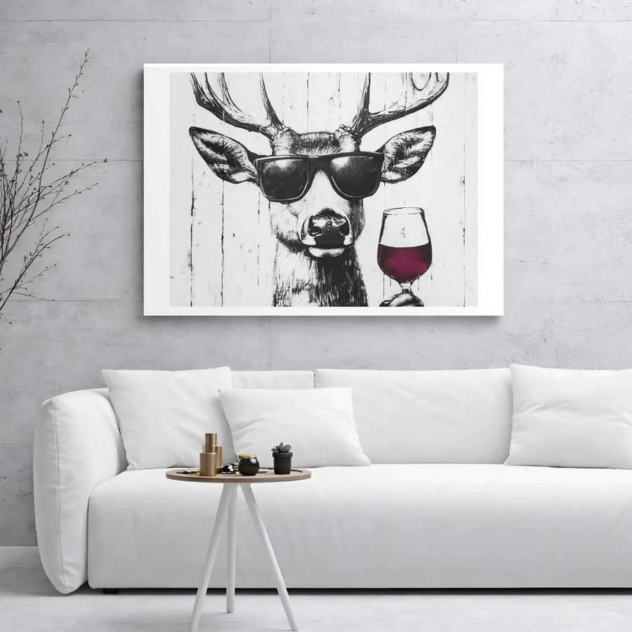 Deer Drinking Wine Canvas Wall Art | Funny Animal Portrait with Sunglasses | Premium Gallery Wrap Print | Modern Home Decor Gift for Wine Lovers