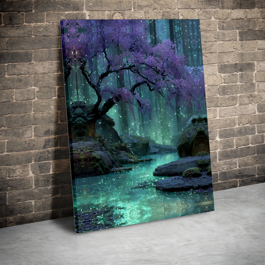 Enchanted Forest Canvas Print | Purple Blossom Tree Glowing River Wall Art | Premium Fade-Resistant Gallery Wrap | Magical Home Decor Gift
