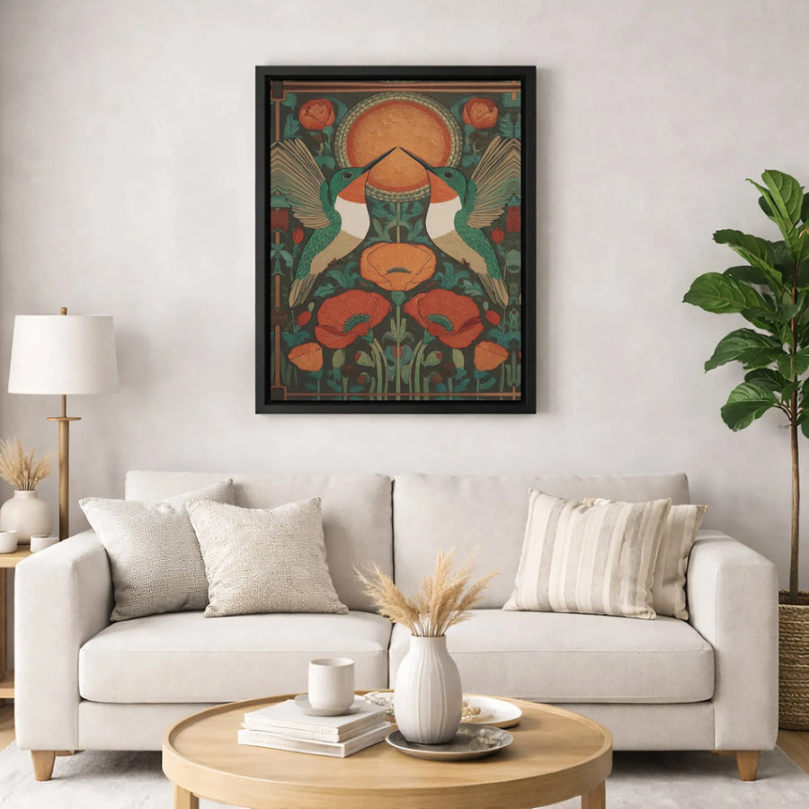 Art Nouveau Hummingbird Canvas Wall Art | Poppies and Botanical Bird Print | Premium 1.25 Inch Gallery Wrap | Elegant Home Decor Gift