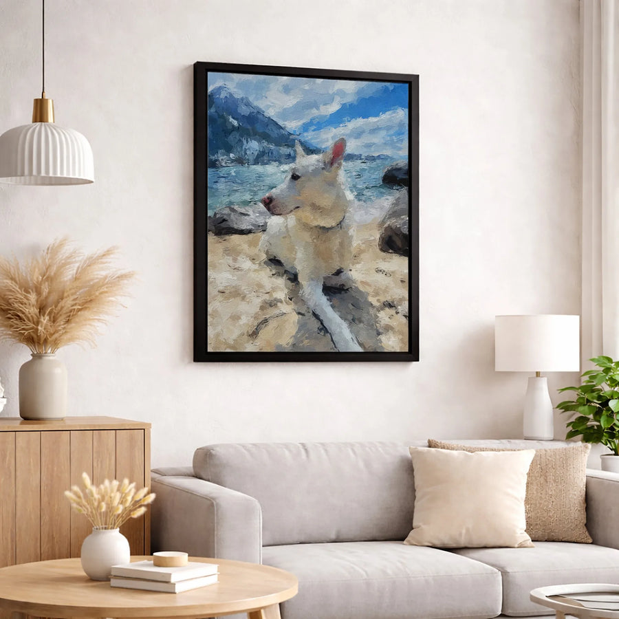 White Dog Beach Painting Canvas | Impressionist Coastal Mountain Wall Art | Premium Gallery-Wrapped Print | Dog Lover Home Decor Gift