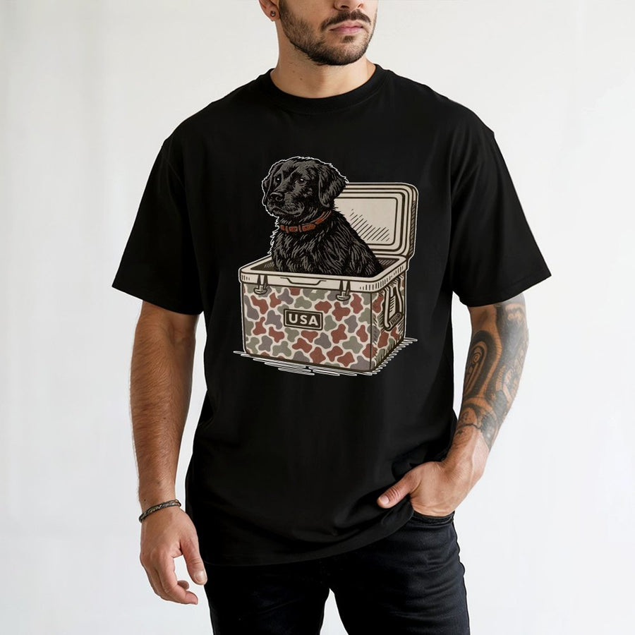 Black Labrador T-Shirt | Hunting Dog In USA Camo Cooler Graphic | 100% Cotton Premium Tee | Gift For Dog Lovers & Outdoorsmen
