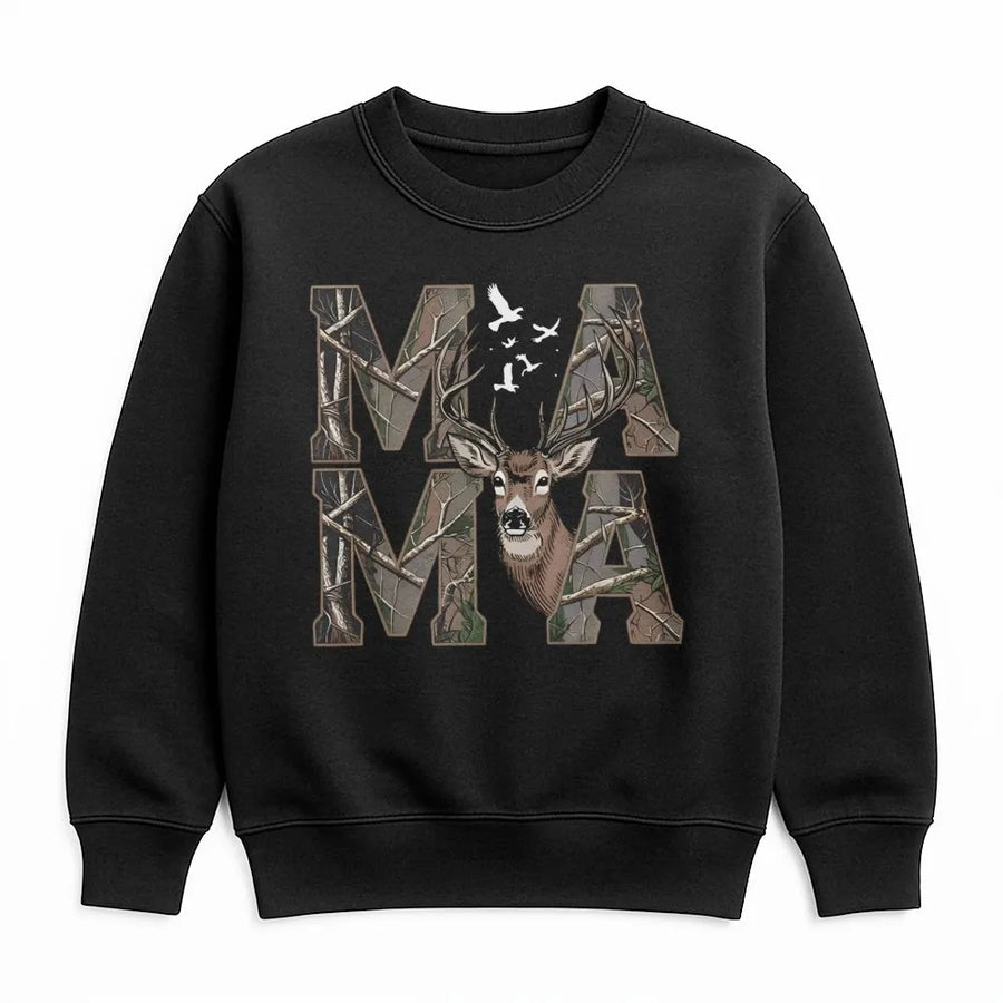 Mama Deer Sweatshirt | Camo Hunting Wildlife Graphic | Premium Cotton Blend Crewneck | Outdoorsy Mom Gift Idea