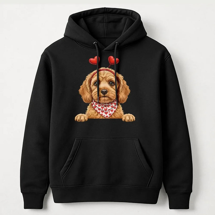 Valentine's Day Doodle Dog Hoodie | Cute Puppy with Heart Headband Design | Soft Cotton-Polyester Blend | Premium Gift for Dog Lovers & Pet Owners
