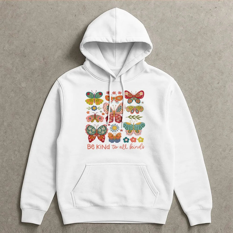 Be Kind To All Kinds Butterfly Shirt | Boho Folk Art Graphic Tee | Soft 100% Cotton | Inspirational Kindness Gift for Women