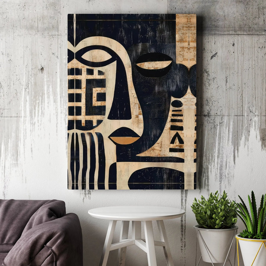 Abstract Tribal Mask Canvas Art | Modern Cubist Portrait with Geometric Lines | Premium Thick Gallery Wrapped Canvas | Modern Home & Office Decor Gift