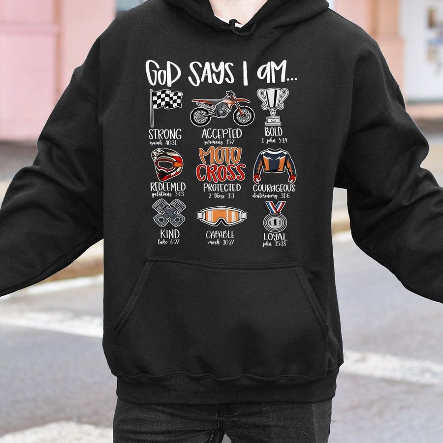 Motocross Hoodie | God Says I Am Christian Graphic Design | Premium Cotton-Blend | Religious Gift for Dirt Bike Riders and Motocross Fans