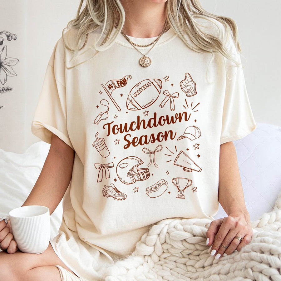 Touchdown Season Football T-Shirt | Coquette Aesthetic Bows & Doodles | 100% Cotton Premium Tee | Cute Game Day Outfit for Women