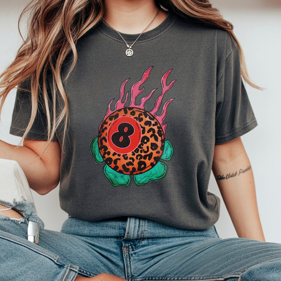 8 Ball T-Shirt | Leopard Print Flame Graphic Tee | Premium 100% Cotton Shirt | Retro Billiards Player Gift For Men And Women