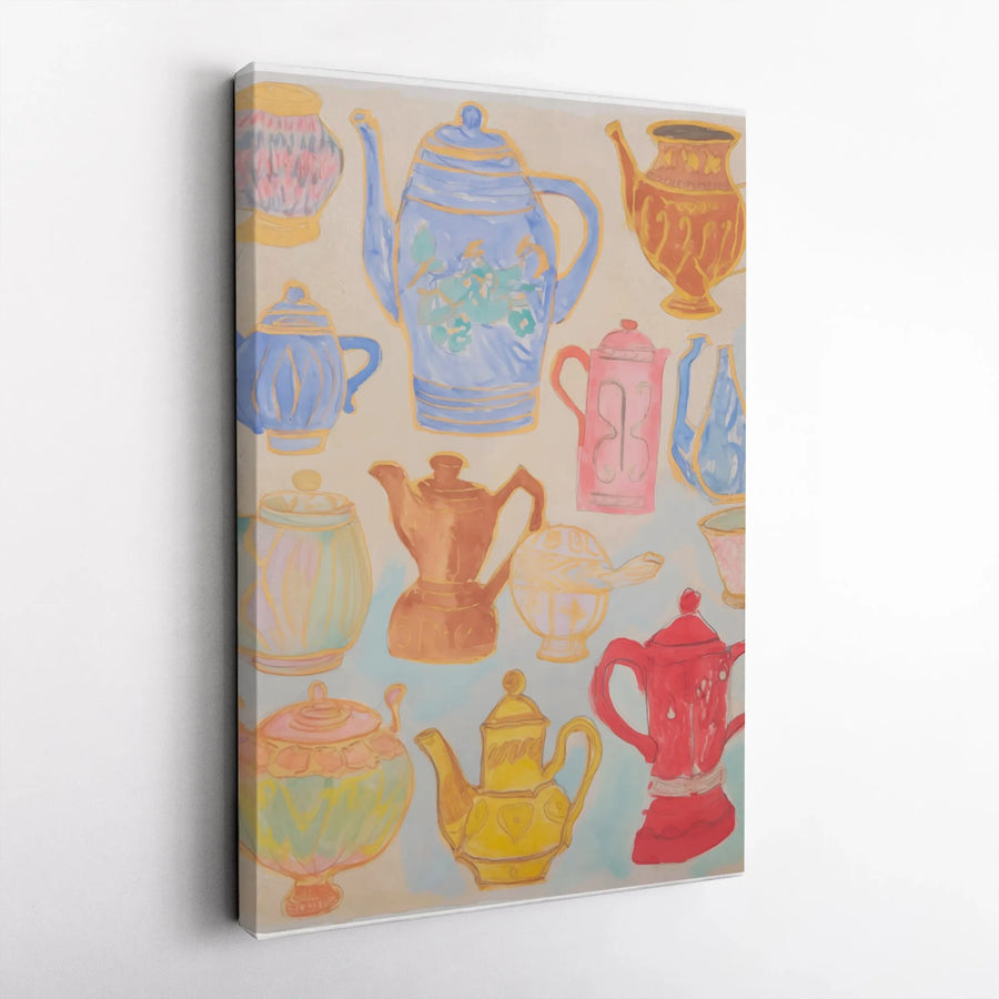 Teapot Wall Art Canvas | Colorful Watercolor Coffee Pot Illustration | Gallery Wrapped Premium Print | Kitchen Decor For Tea Lovers