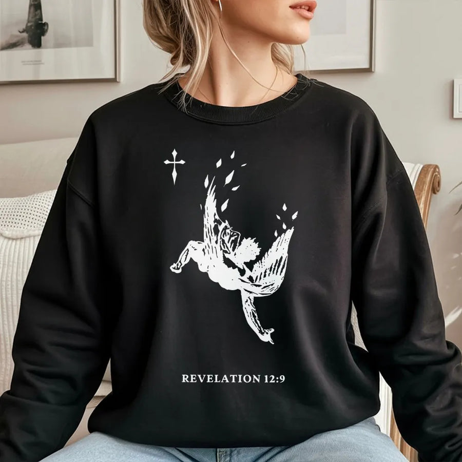 Revelation 12:9 Angel Graphic Sweatshirt | Fallen Angel Religious Print | Premium Cotton Blend Crewneck | Christian Apparel Unisex Gift for Men Women