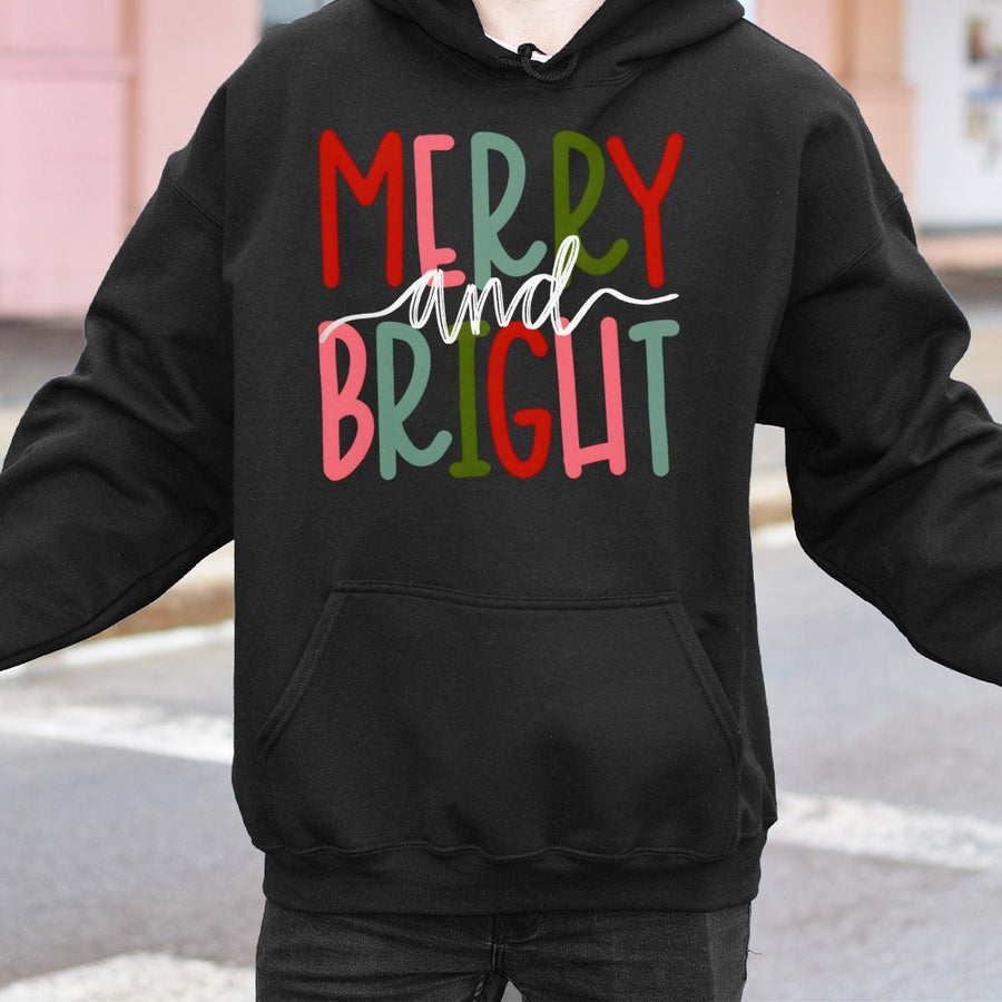 Merry And Bright Hoodie | Retro Christmas Graphic Sweatshirt | Cotton-Polyester Premium Blend | Festive Holiday Gift For Women And Men