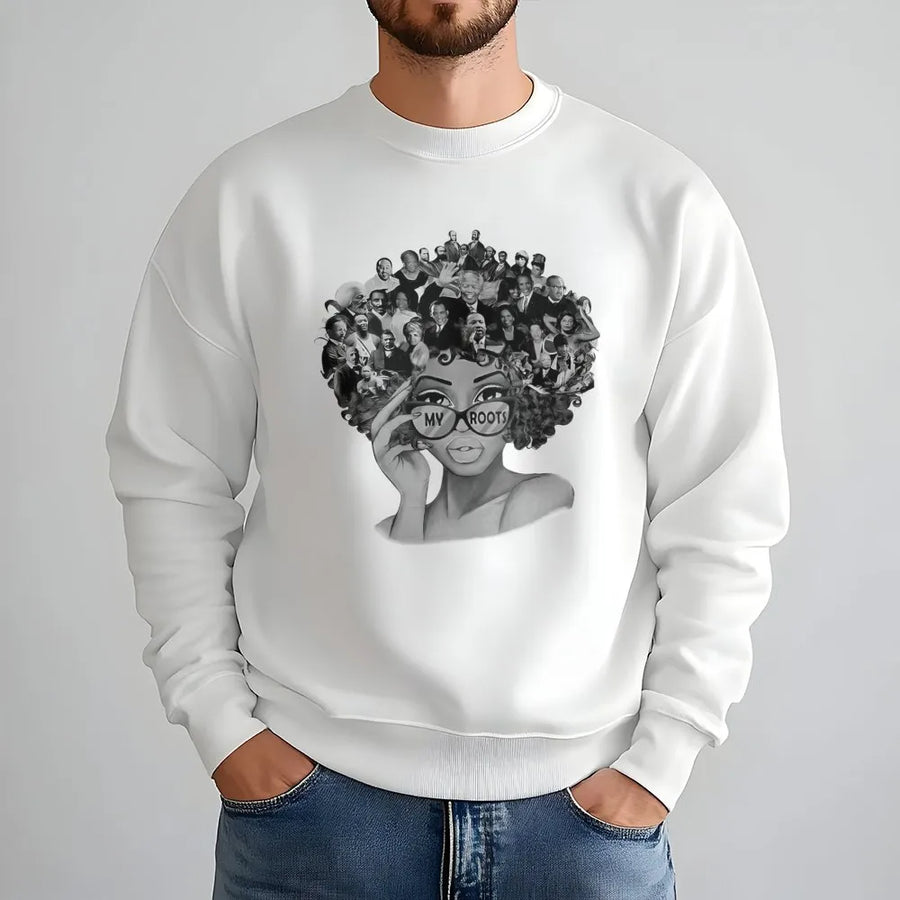 My Roots Black History Month Sweatshirt | Iconic Afro Graphic Print | Premium Cotton Blend Unisex Pullover | Meaningful Cultural Gift for Her