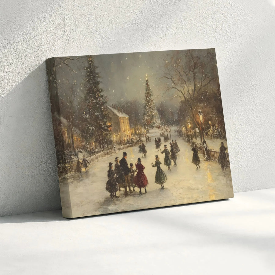 Vintage Christmas Wall Art | Snowy Village Ice Skating Scene | Premium Gallery Wrap Canvas | Festive Holiday Home Decor Gift