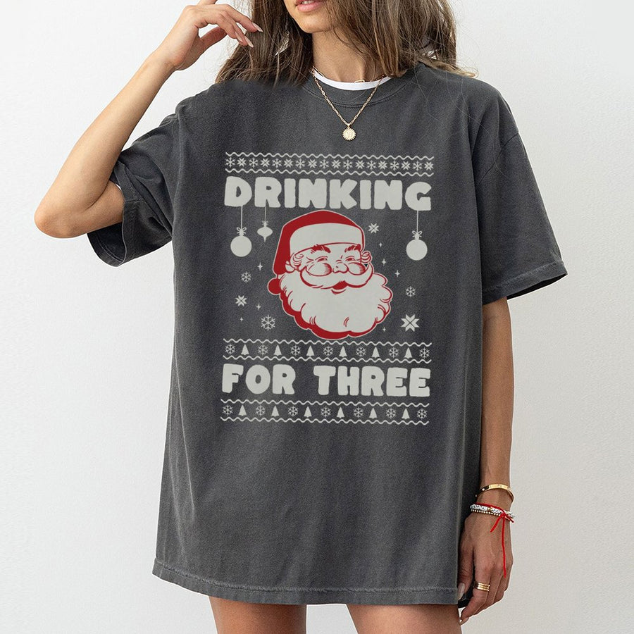 Drinking For Three Christmas Pregnancy Announcement T-Shirt | Funny Santa Baby Reveal Graphic | 100% Cotton Premium Unisex Tee | Matching Holiday Gift