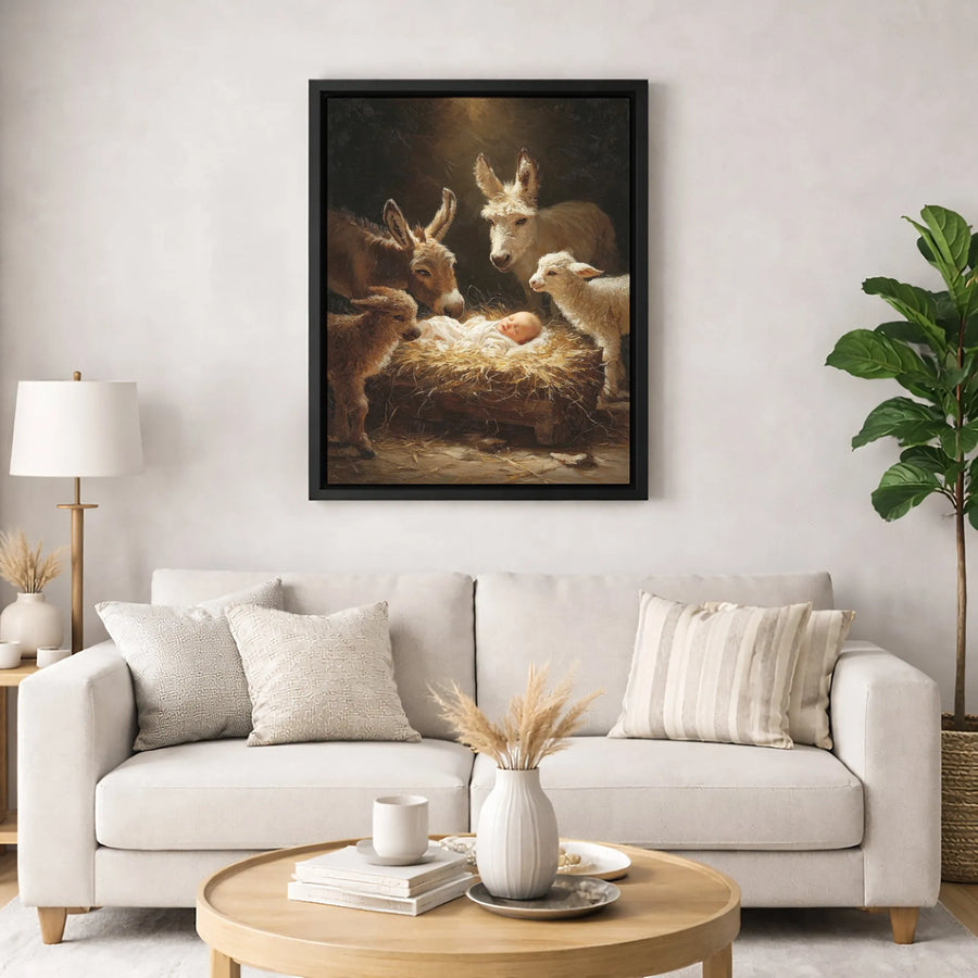 Nativity Scene Canvas Print | Baby Jesus With Donkeys and Lambs | Premium Gallery-Wrapped Wall Art | Christian Religious Holiday Decor Gift