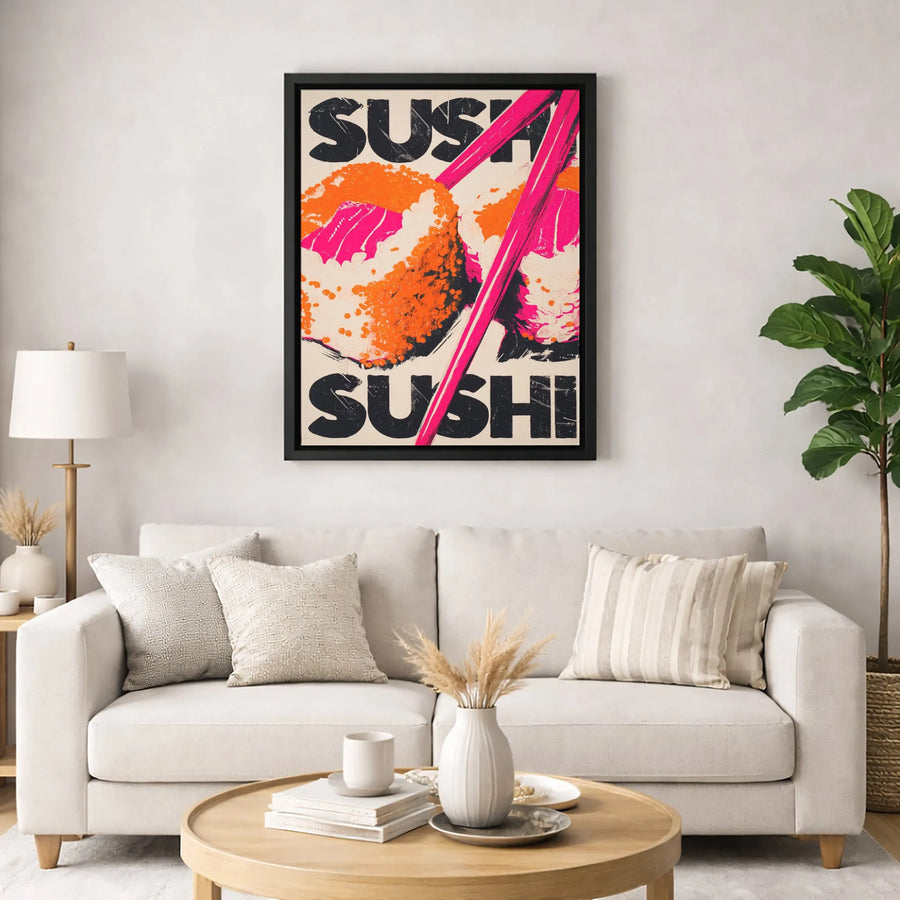 Sushi Wall Art Canvas | Pop Art Food Print with Pink Chopsticks | 1.25-Inch Gallery Wrap | Modern Kitchen & Dining Decor