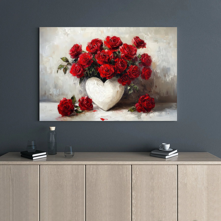 Red Rose Still Life Canvas Print | Romantic Floral Heart Vase Wall Art | 1.25" Gallery Wrap | Premium Decor for Home or Wedding Gift