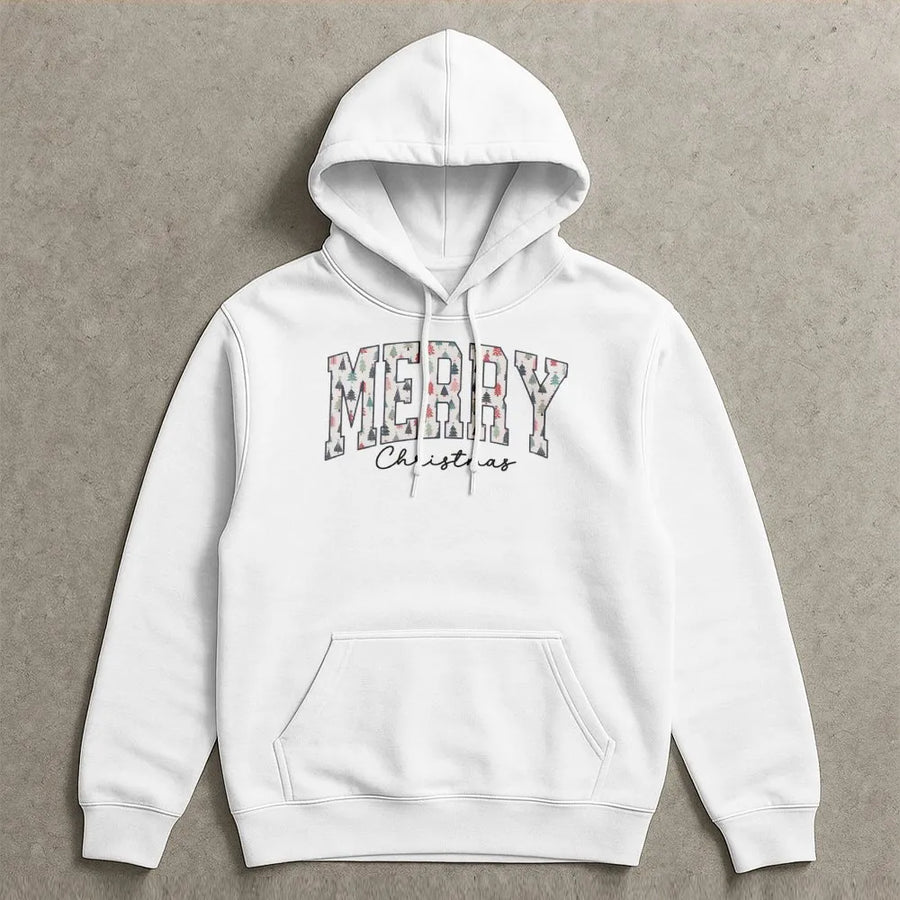 Merry Christmas Graphic Hoodie | Retro Varsity Tree Pattern | Premium Cotton Blend | Cozy Holiday Gift for Women and Men