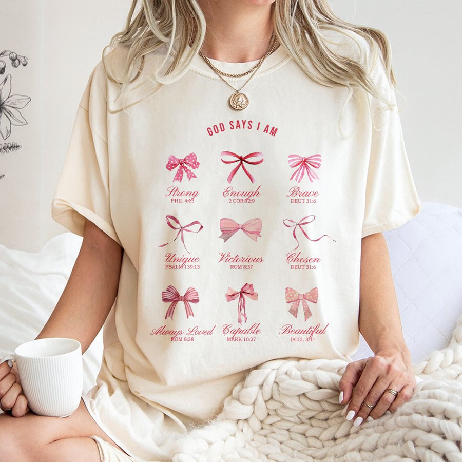 God Says I Am T-Shirt | Christian Coquette Bow Aesthetic | 100% Soft Cotton | Inspirational Bible Verse Gift for Women and Girls