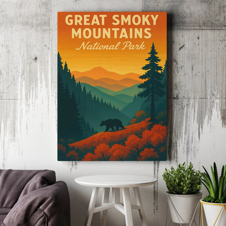 Great Smoky Mountains National Park Canvas | Vintage Bear Art Print | Gallery Wrap Wall Decor | Nature Lover Gift for Office and Home