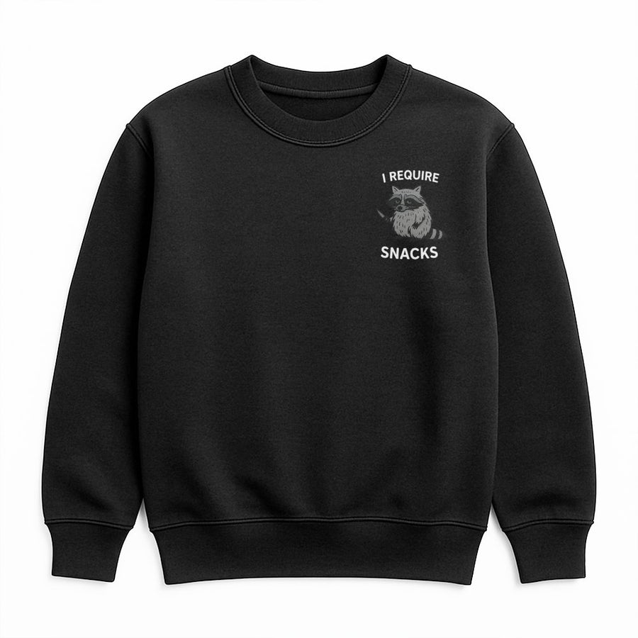 I Require Snacks Raccoon Sweatshirt | Funny Feral Animal Graphic Print | Soft Cotton Blend Unisex Pullover | Cute Wildlife Lover Gift