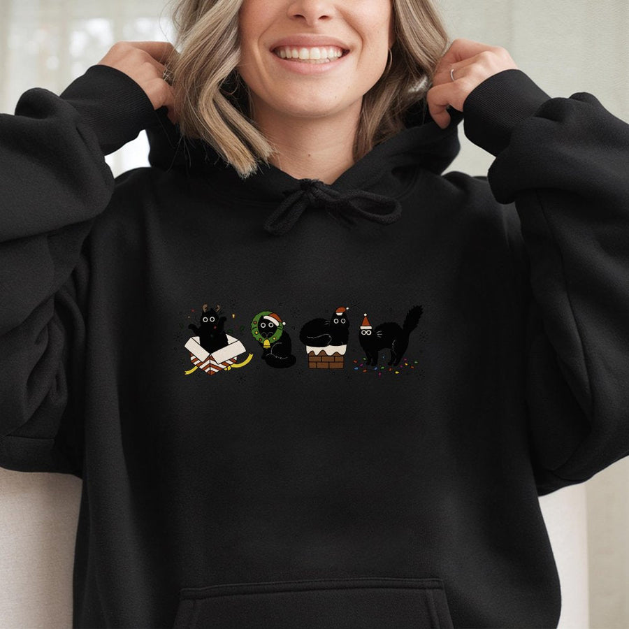 Christmas Black Cat Hoodie | Festive Kittens Holiday Graphic | Cotton-Blend Premium Quality | Cozy Gift for Cat Lovers & Pet Moms