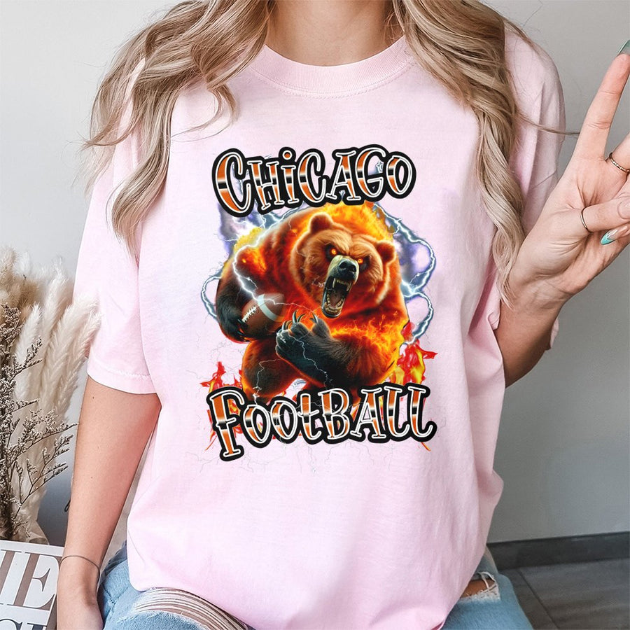 Chicago Football With Roaring Flaming Bear And Lightning T-Shirt