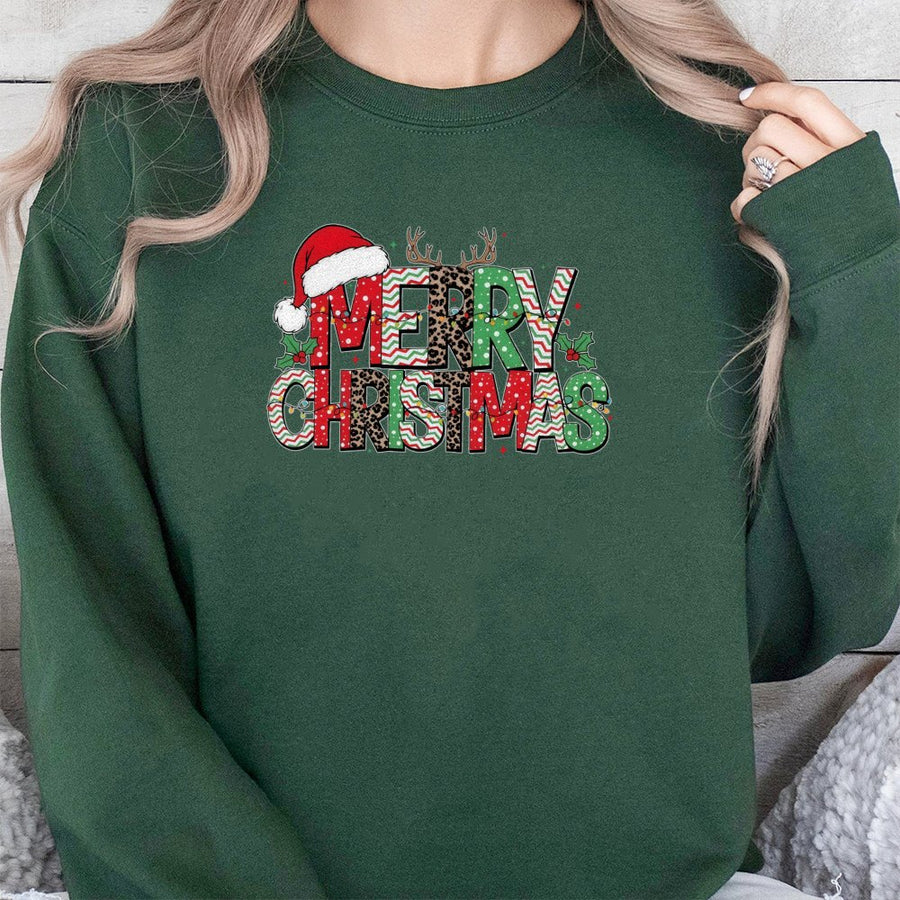 Merry Christmas Sweatshirt | Leopard Print Reindeer Antler Design | Soft Cotton Blend | Festive Holiday Gift For Women And Men