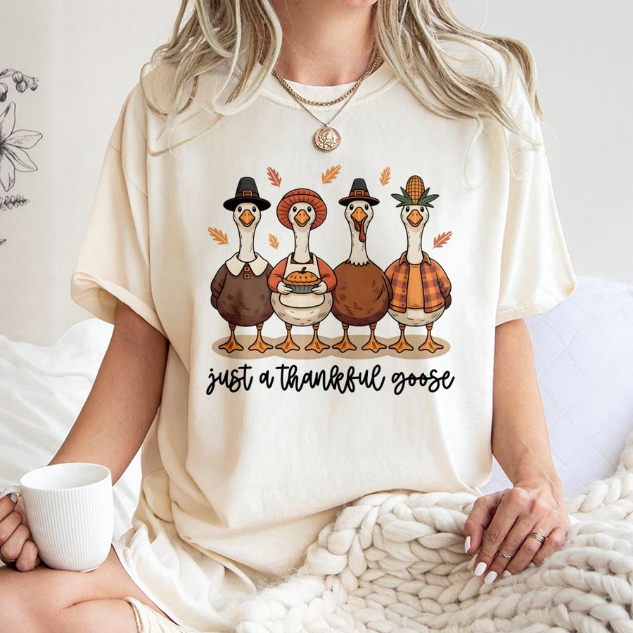 Just A Thankful Goose T-Shirt | Cute Fall Thanksgiving Graphic Tee | Premium 100% Cotton Apparel | Funny Autumn Gift For Family