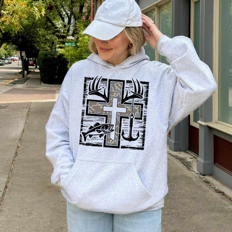 Camo Cross Hunting Hoodie | Deer Antler and Fishing Hook Graphic | Premium Cotton Blend | Gift for Outdoorsman and Country Lifestyle Fans