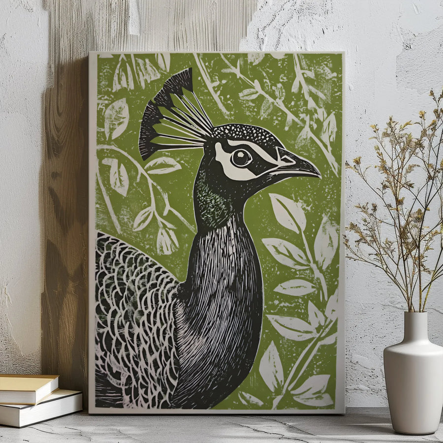 Peacock Wall Art Canvas | Linocut Style Botanical Green Print | Premium 1.25 Inch Gallery Wrap | Elegant Home Decor for Nature Lovers