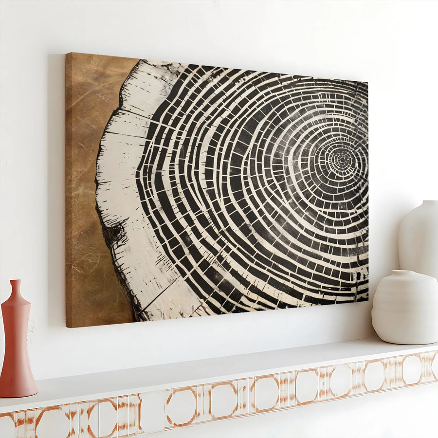 Abstract Tree Ring Canvas Wall Art | Monochrome Wood Grain Gallery Wrap | Premium 1.25 Inch Stretched Canvas | Modern Office Decor Gift
