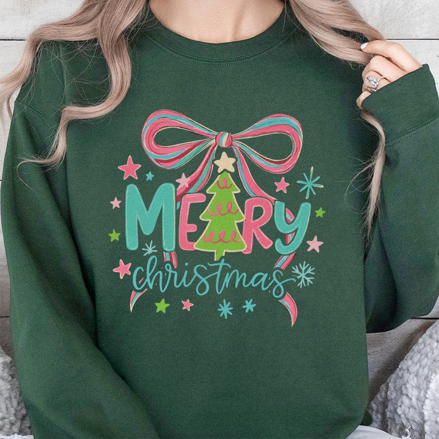 Merry Christmas Tree Bow Sweatshirt | Pastel Coquette Aesthetic Holiday Graphic | Premium Cotton-Poly Blend | Cute Festive Gift for Women