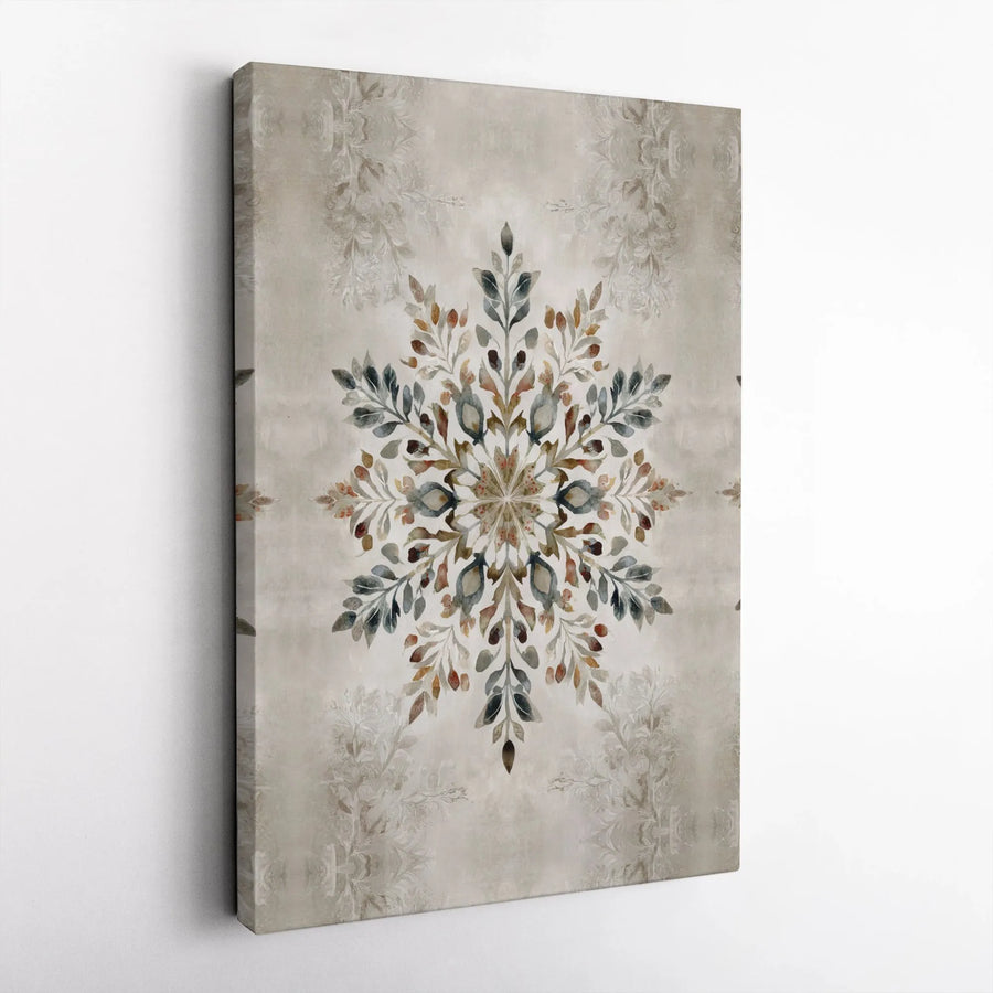 Botanical Mandala Wall Art | Watercolor Leaf Snowflake Design | Premium Gallery Wrapped Canvas | Earth Tone Home Decor Gift