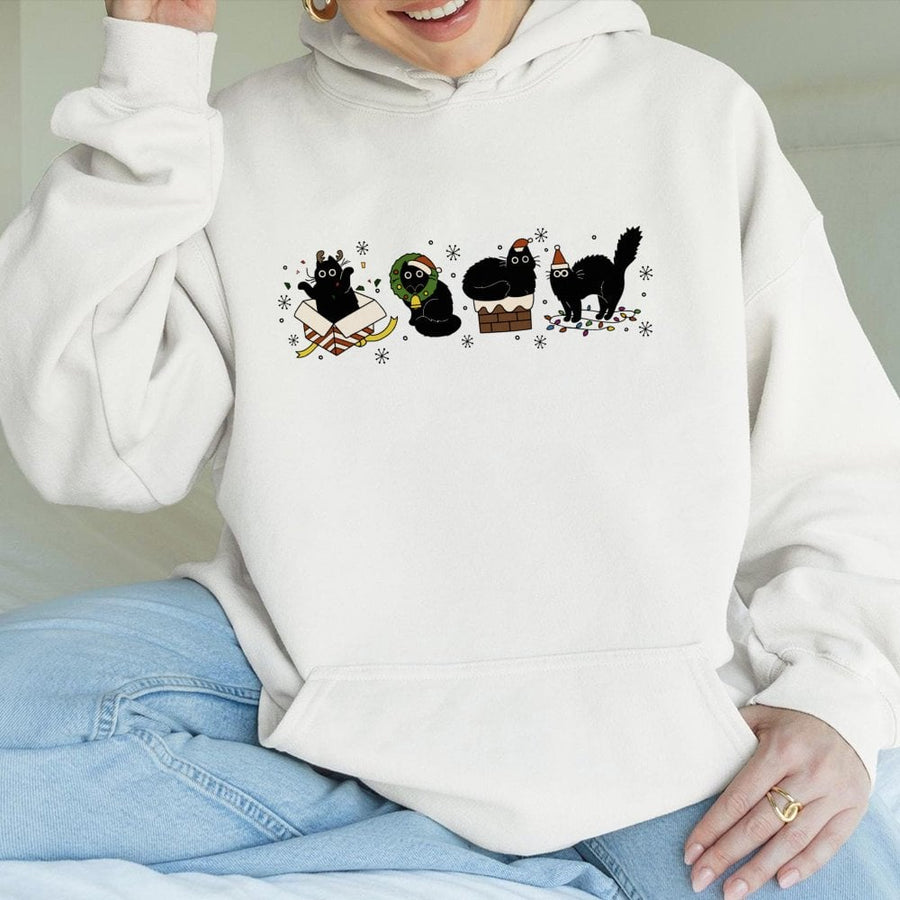 Christmas Black Cat Hoodie | Festive Holiday Kitten Graphic | Cotton-Poly Blend Premium Sweatshirt | Gift for Cat Lovers & Cat Moms