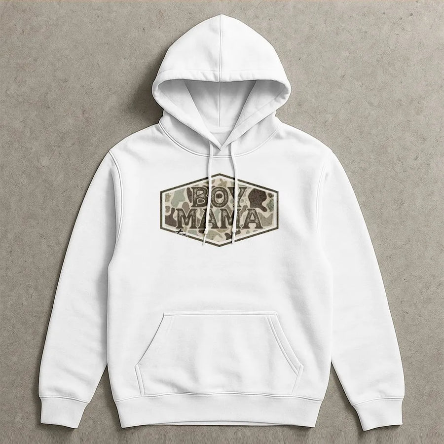 Boy Mama Camo Hoodie | Hunting Season Graphic Sweatshirt | Premium Cotton Blend | Gift for Proud Mom of Boys