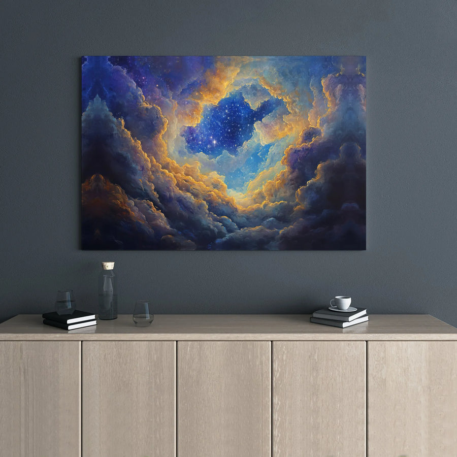 Celestial Starry Night Sky Canvas | Golden Nebula Clouds Wall Art | 1.25-Inch Gallery Wrap Premium Print | Dreamy Modern Decor for Home or Office