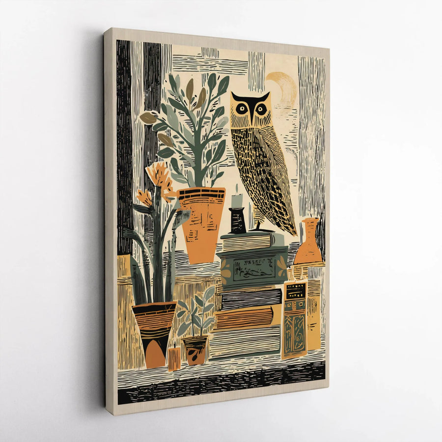 Vintage Owl Canvas Print | Woodblock Style Illustration on Books | Premium Frameless Wall Art | Dark Academia Decor Gift for Book Lovers