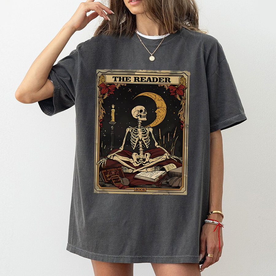 The Reader Skeleton T-Shirt | Occult Tarot Card Graphic Tee | Premium 100% Cotton | Witchy Aesthetic Book Lover Gift for Readers