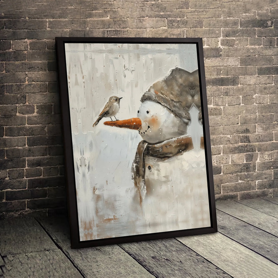 Snowman Wall Art | Winter Bird Oil Painting Style | Premium Gallery Wrap Canvas | Holiday Home Decor Gift