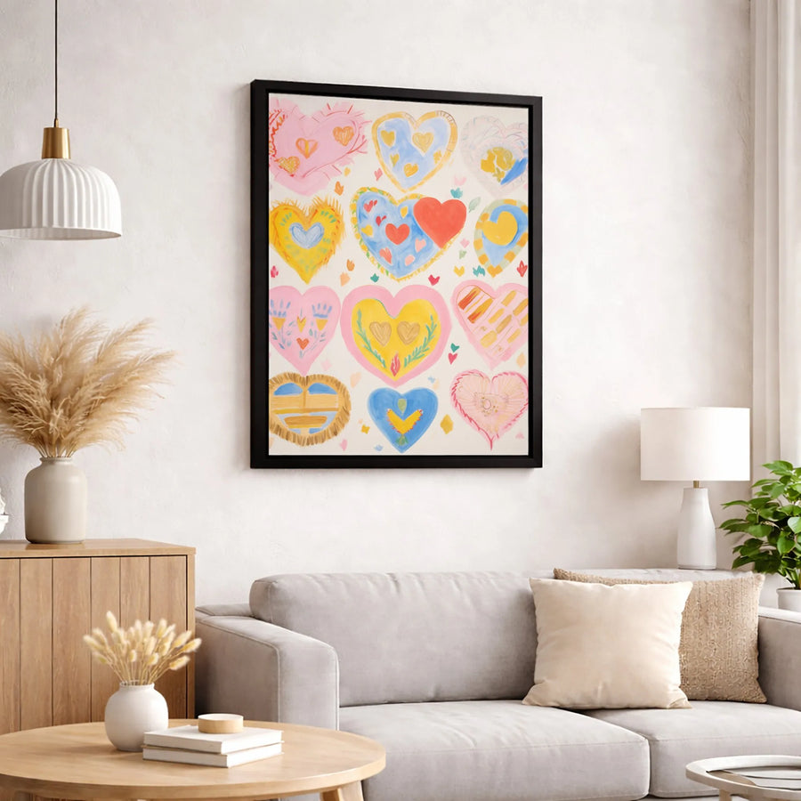 Colorful Folk Art Hearts Canvas Print | Handcrafted Whimsical Love Decor | 1.25 Inch Premium Gallery Wrap | Romantic Nursery or Bedroom Gift
