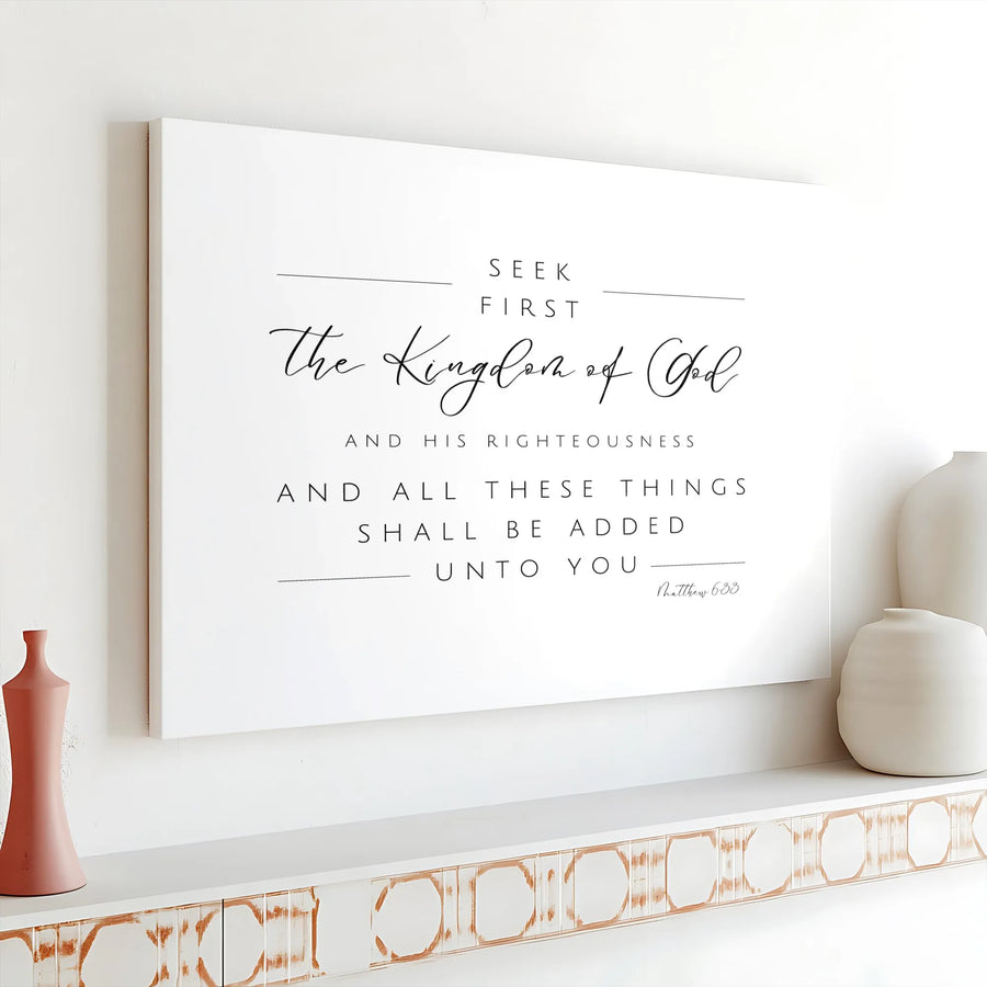 Bible Verse Canvas Print | Seek First The Kingdom of God Matthew 6:33 | Premium Gallery Wrap | Modern Scripture Home Decor Gift