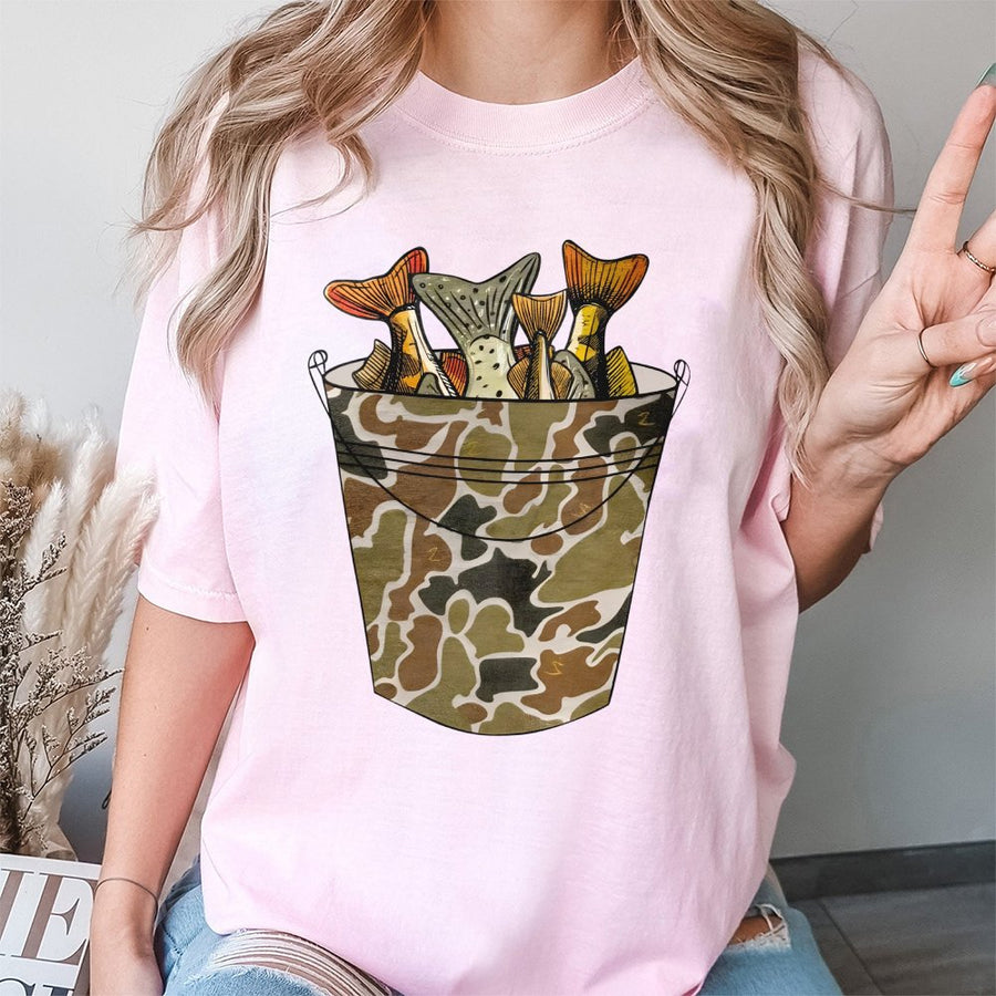 Fishing Bucket T-Shirt | Camo Print Graphic Design | 100% Soft Cotton Tee | Outdoors Lover Gift For Men And Women
