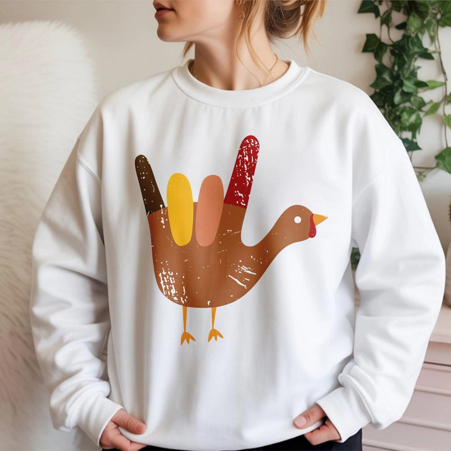 Thanksgiving Turkey Sweatshirt | Funny Sign Language Rock On Graphic | Premium Cotton Blend | Unisex Holiday Gift for Men and Women