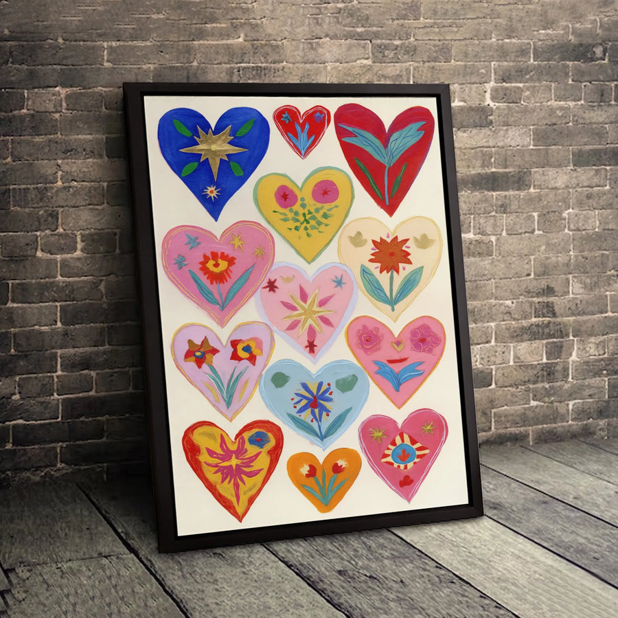 Colorful Folk Art Hearts Wall Art | Whimsical Floral & Star Motif Canvas | Premium Gallery-Quality Print | Bohemian Home Decor Gift
