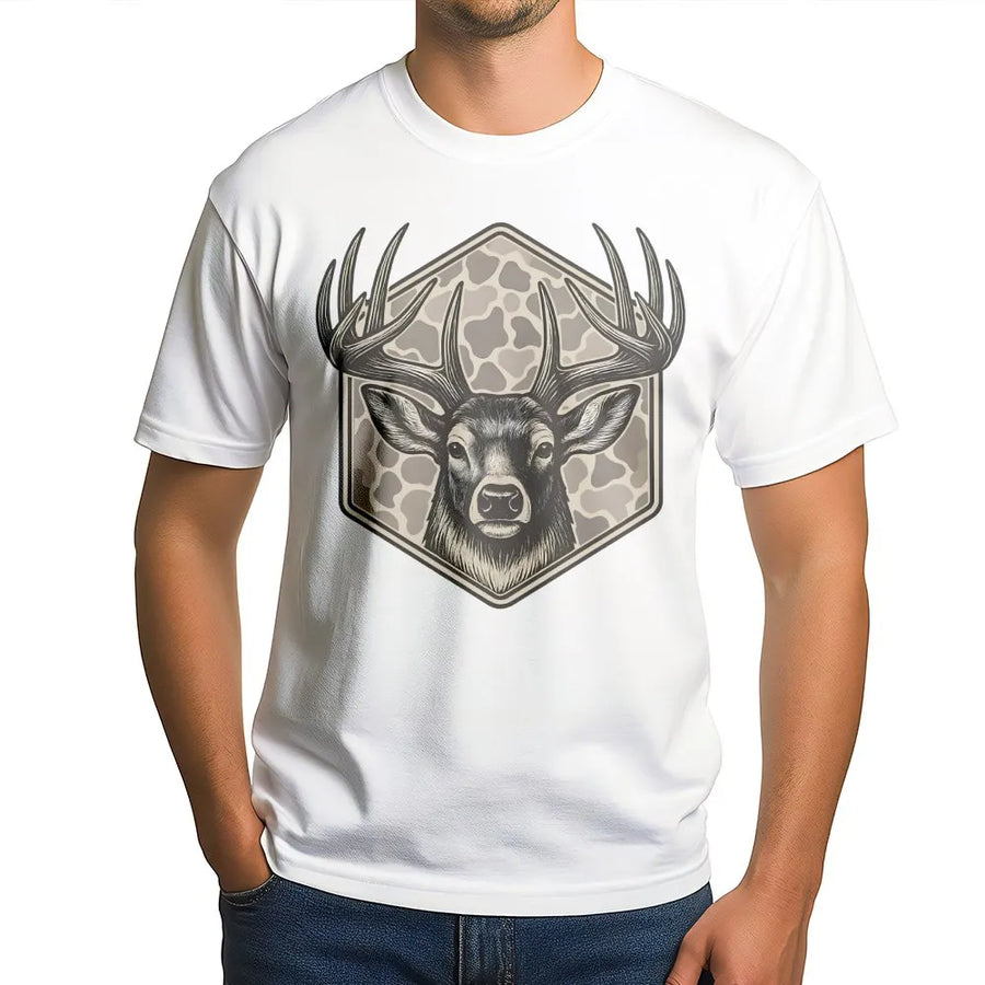 Whitetail Deer Hunting T-Shirt | Detailed Buck Head Graphic in Camo Hexagon | Premium 100% Cotton Apparel | Outdoor Wildlife Enthusiast Gift