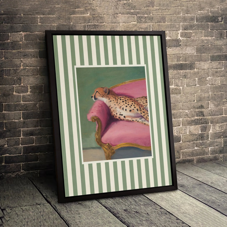 Cheetah Wall Art | Whimsical Cheetah Lounging on Pink Sofa | Premium Gallery Wrapped Canvas | Eclectic Maximalist Home Decor Gift
