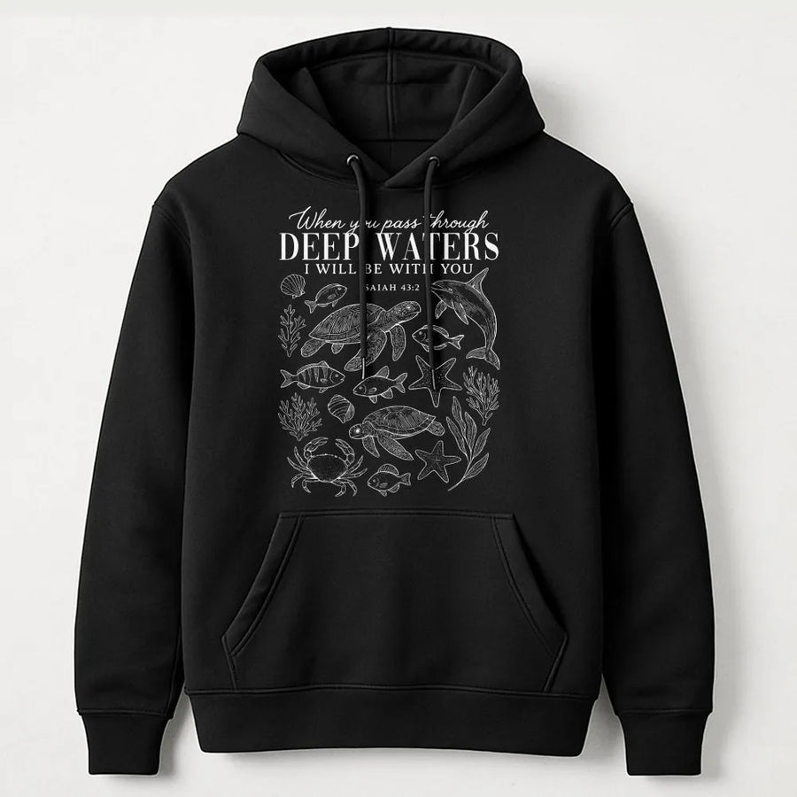 Isaiah 43:2 Hoodie | Ocean Life Bible Verse Graphic | Premium Cotton-Blend Comfort | Christian Beachy Gift for Women and Men